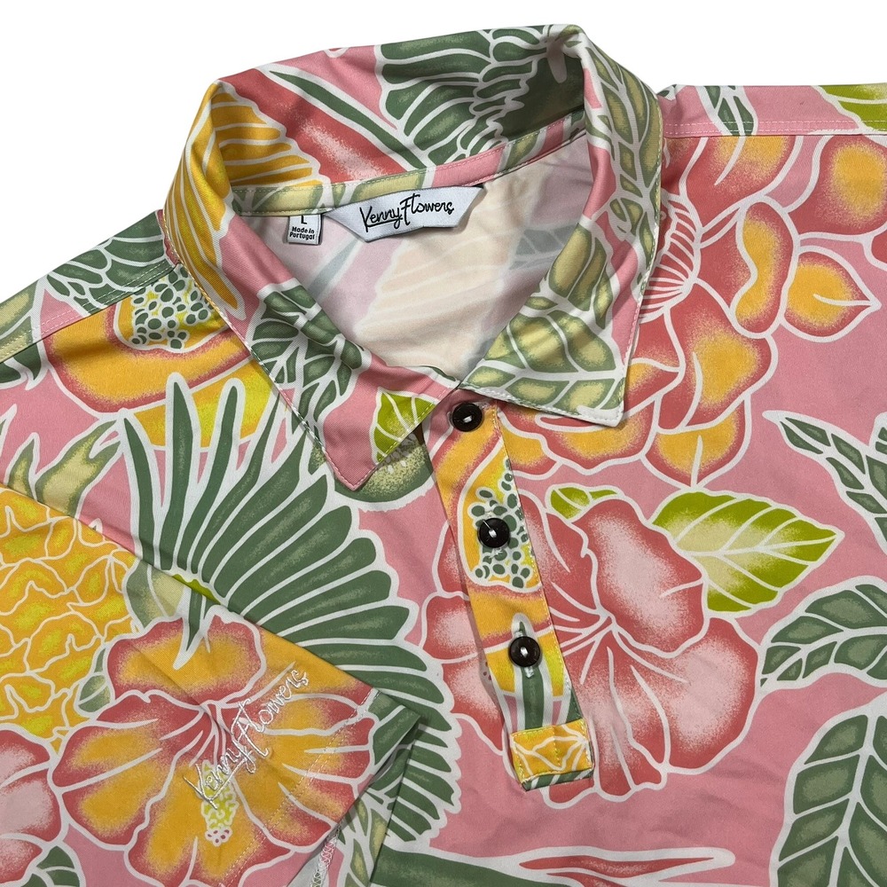 Kenny Flowers Tropical Polo Mens Large Pink Parrot Fruit Floral Golf Shirt